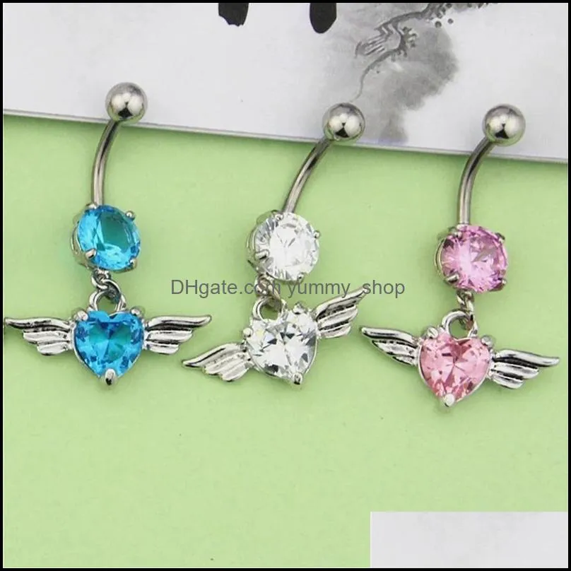 angel wings heart navel ring zircon sexy long belly ring heart piercing surgical women belly button ring navel jewelry