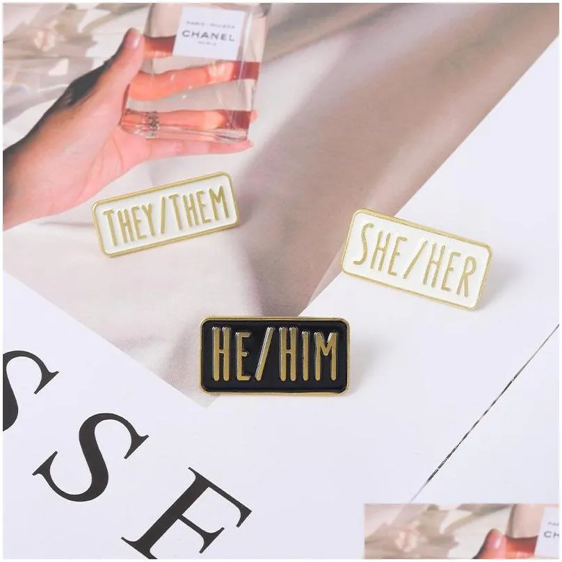 simple pronouns enamel pins custom brooches he him she her they them black white lapel badges fun jewelry gift for friends 6202 q2