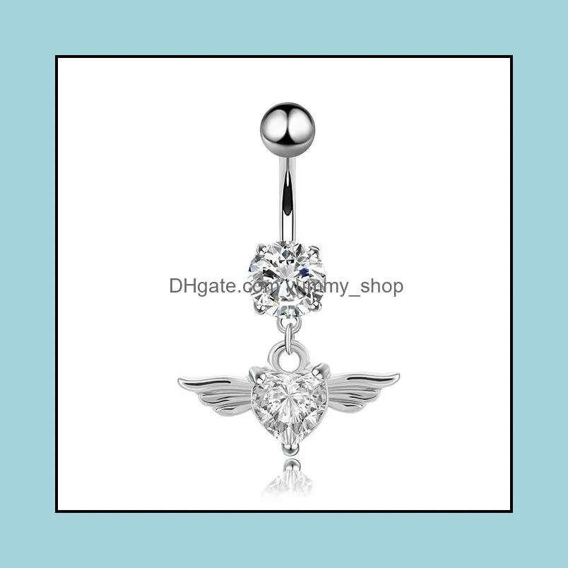 angel wings heart navel ring zircon sexy long belly ring heart piercing surgical women belly button ring navel jewelry
