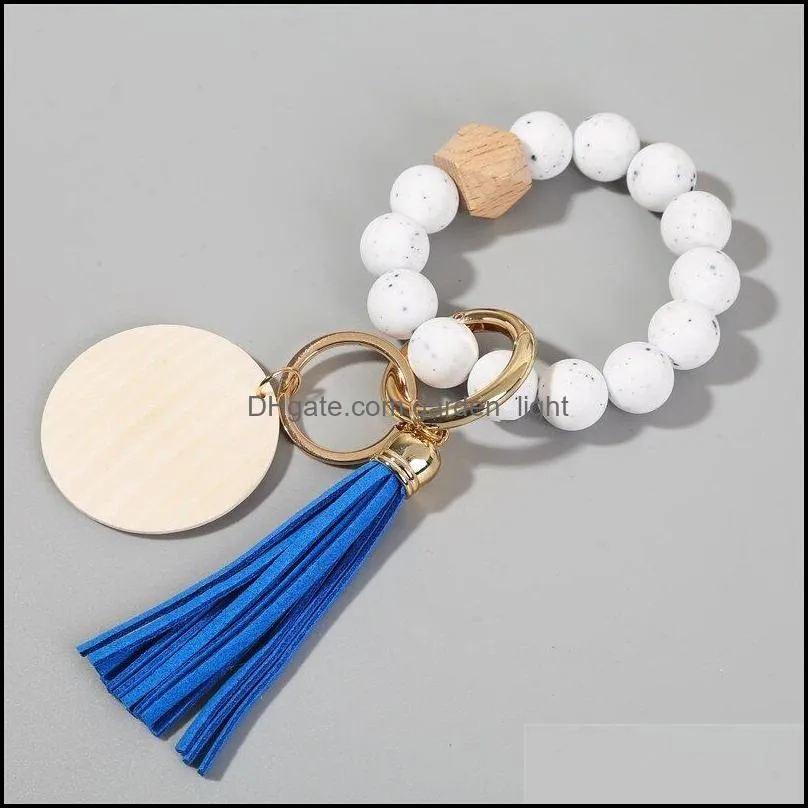 wooden beaded bracelet keyring party silicone beads keychain handbag pendant for women monogrammed engrave wooded chip crafts rrb14682