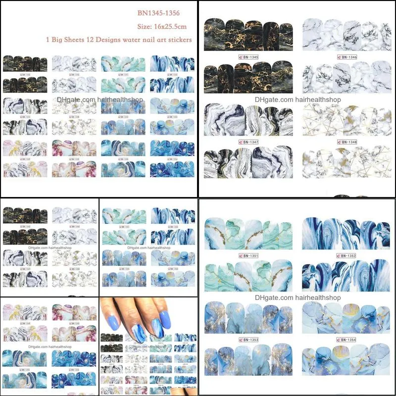 12 designs gradient marble nail art sticker fashion full cover image decals nail transfer water foils new arrival