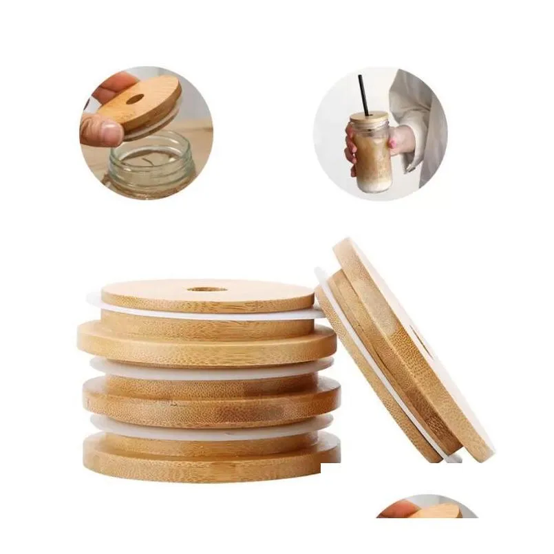 bamboo cap lids 70mm 88mm reusable wooden mason jar lid with straw hole and silicone seal dhs delivery fy5015