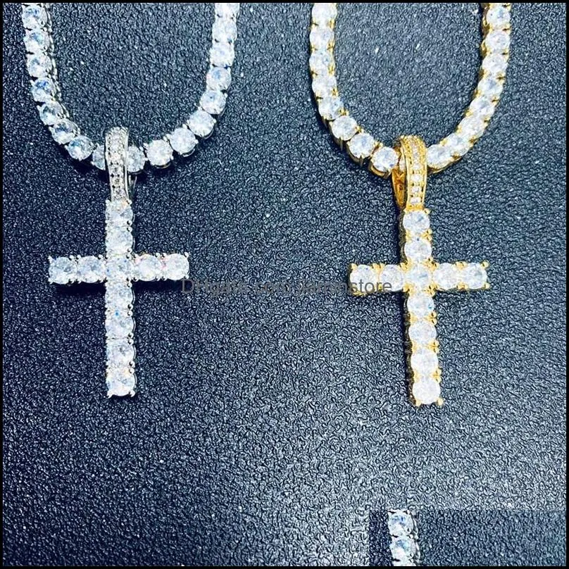 iced out zircon cross pendant with 4mm tennis chain necklace set mens hip hop jewelry gold silver cz pendant necklace 891 q2