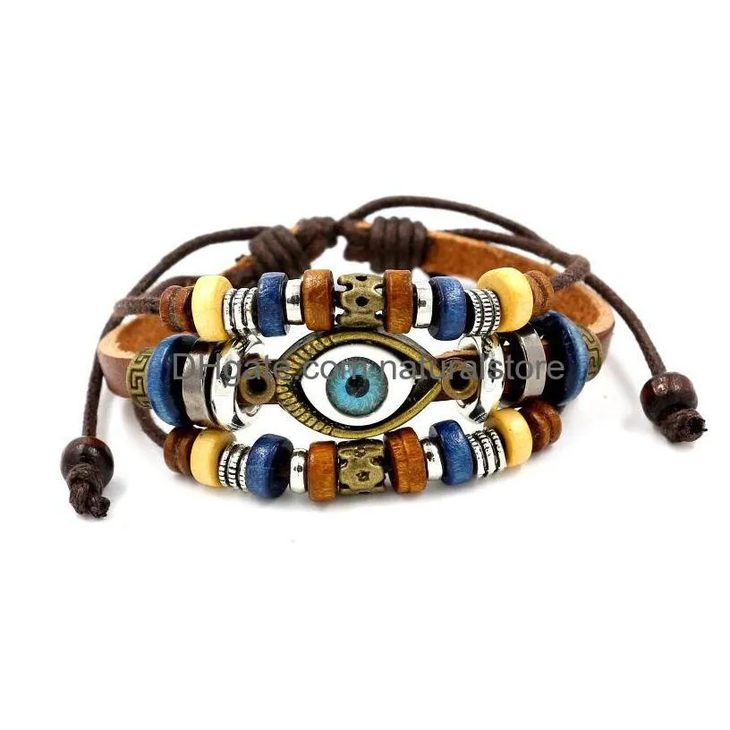 multilayer bead charm bracelets hand made turkish evil eye bracelets braided adjustable leather fashion vintage men jewelry for women