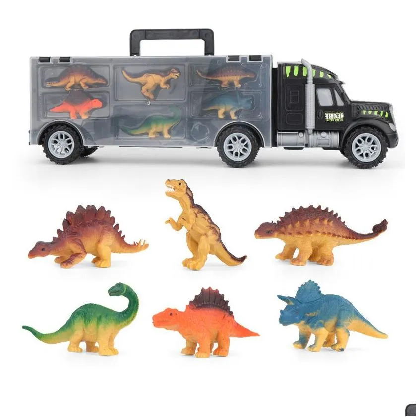 education plastic toys dinosaur with 6 dinosaurs truck carrier toy collected car animals vehicle