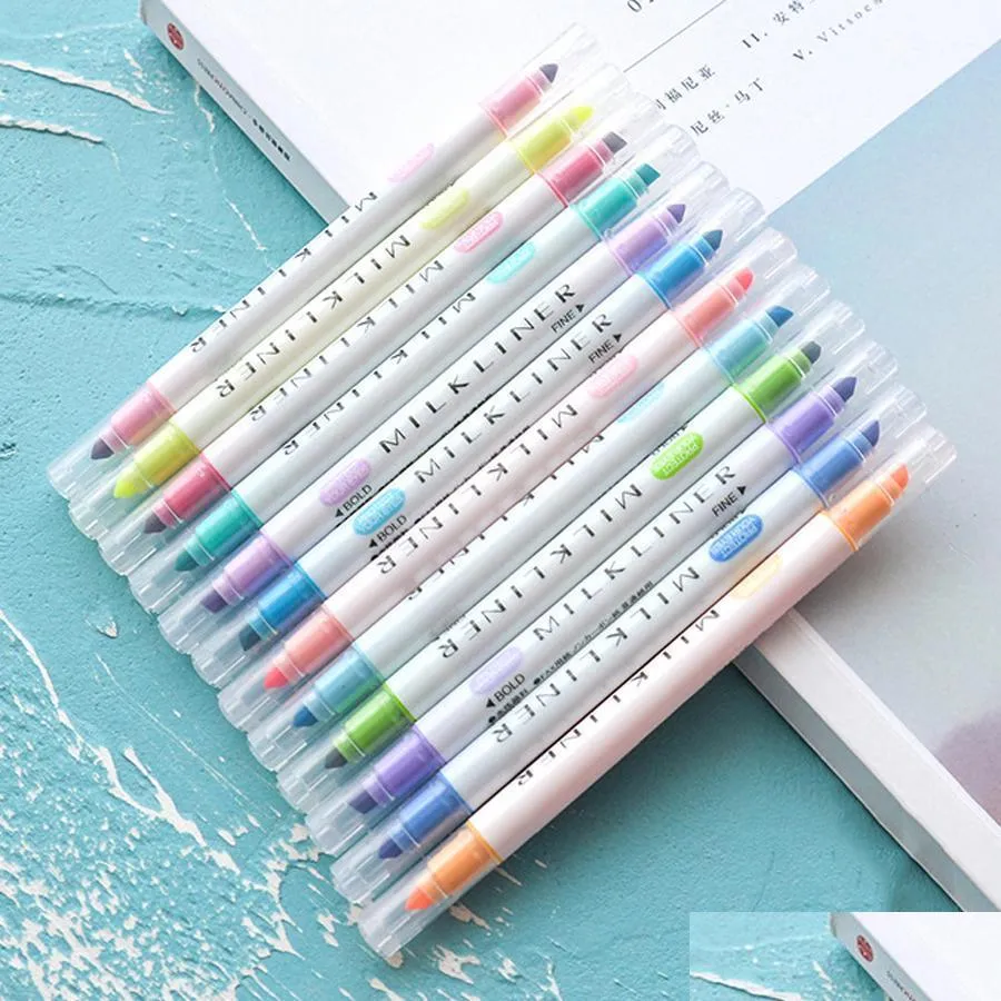 12 pcs/set double headed highlighters stationery mild highlighters pens colored drawing painting highlighter art marker pens wdh1197