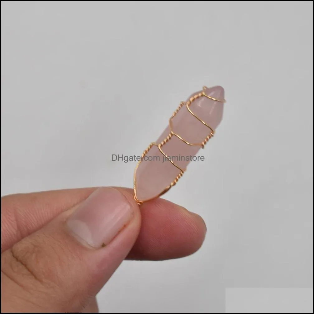 natural stone rose quartz bullet shape charms point chakra pendants for jewelry making wholesale gold wire wrap handmade jiaminstore