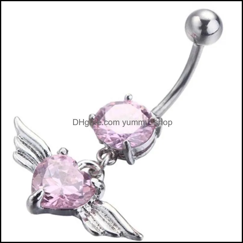 angel wings heart navel ring zircon sexy long belly ring heart piercing surgical women belly button ring navel jewelry