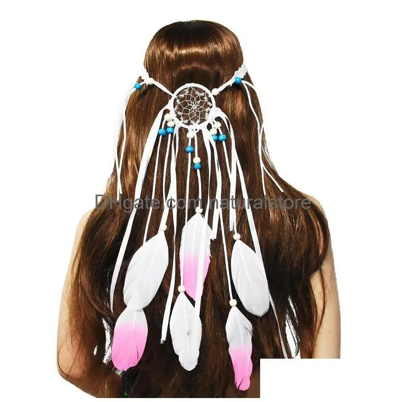 hair clips barrettes gypsy bohemian white pink feather headband ethnic headpiece jewelry women headdress resin beads accessories