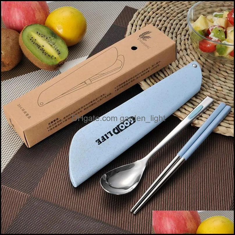 stainless steel cutlery set wheat straw box metal spoon chopsticks cutltery set protable antislip tableware set