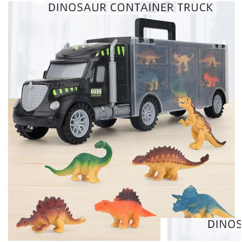 education plastic toys dinosaur with 6 dinosaurs truck carrier toy collected car animals vehicle