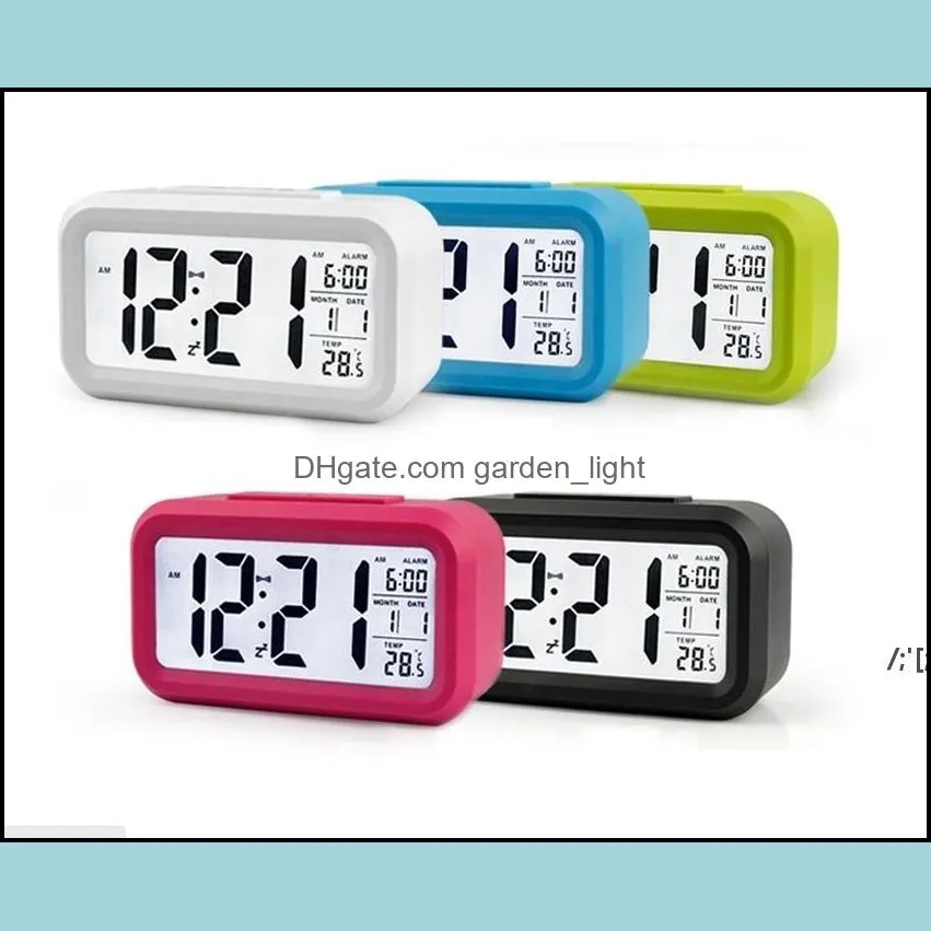 plastic mute alarm clock lcd smart temperature cute p osensitive bedside digital snooze nightlight calendar rra13028