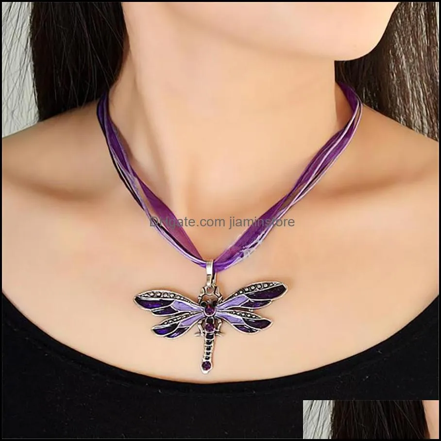 dragonfly pendant necklace vintage ribbon cord purple red green crystal bead jewelry for women girls