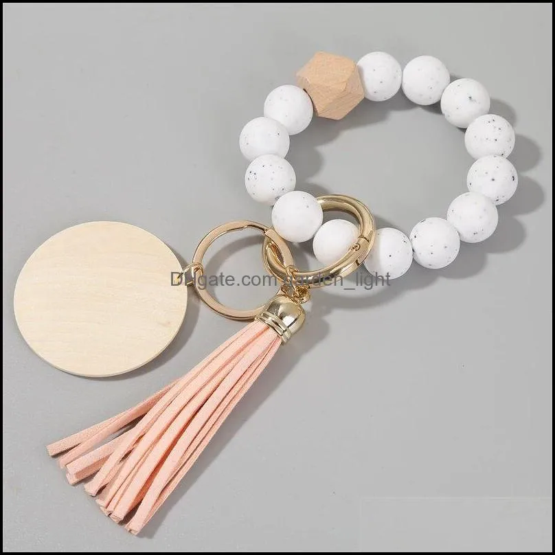 wooden beaded bracelet keyring party silicone beads keychain handbag pendant for women monogrammed engrave wooded chip crafts rrb14682