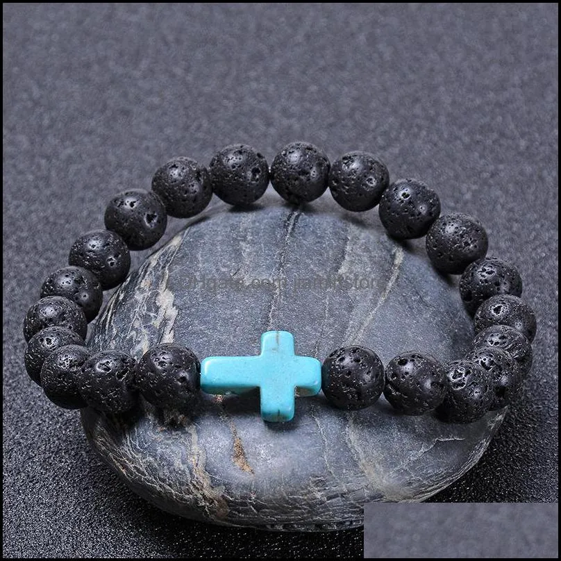 8mm black lava stone beads colorful cross charms elastic strand bracelet bangle for women men jewelr jiaminstore