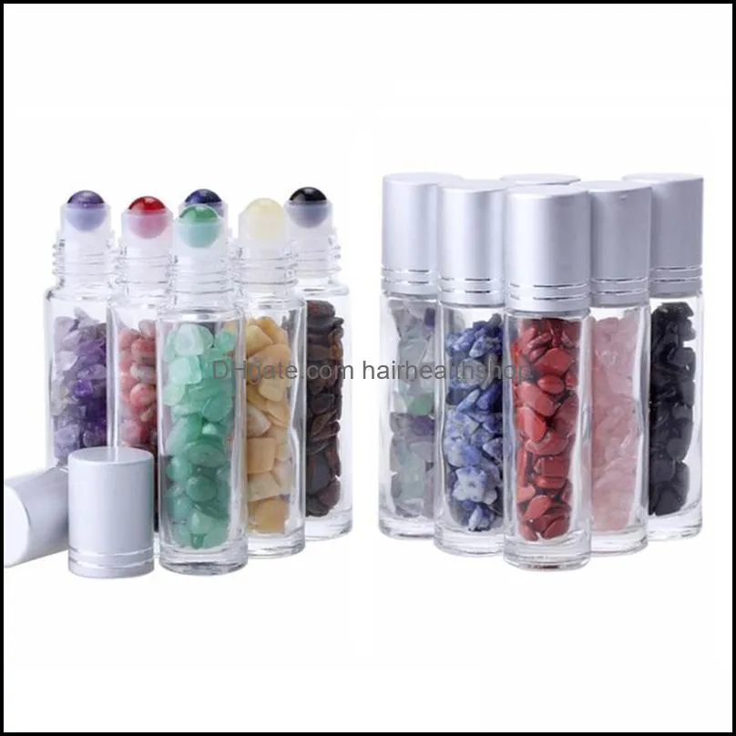  oil diffuser 10ml clear glass roll on perfume bottles with crushed natural crystal quartz stone crystal roller ball silver