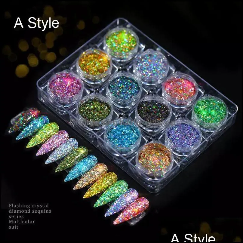nail glitter holographic powder set 12 jars flashing crystal sequins aurora chameleon manicure pigment for art glitternail