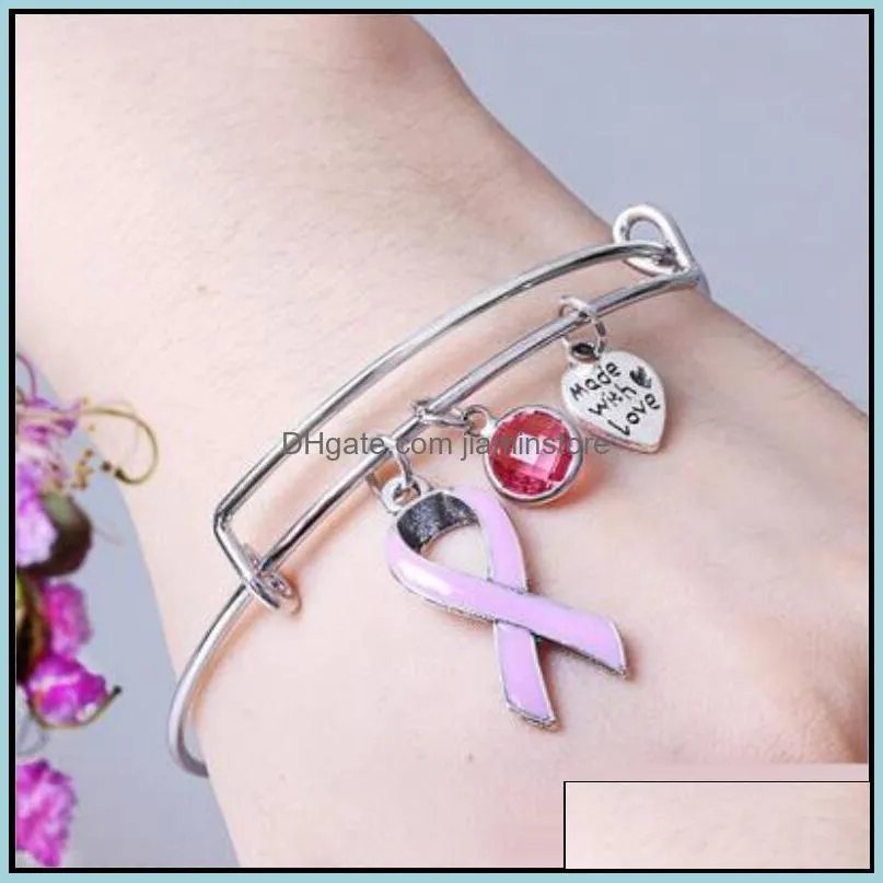 pink ribbon breast cancer charm bracelets adjustable love heart bracelet bangle for women care survivor jewelry gifts