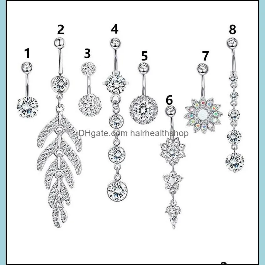 dhs sparkle diamond body art luxury 8piece stainless steel zircon silver belly button ring set body piercing jewelry wholesale hot