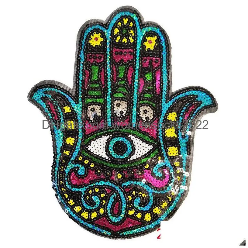 sewing notions iron on or sew on sequin colorful hand eyes embroidered badge motif applique clothing jeans t shirt 10 colors