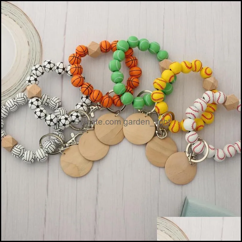diy beaded bracelet keychain pendant party favor sports ball soccer baseball basketball wooden bead bracelet rre13643