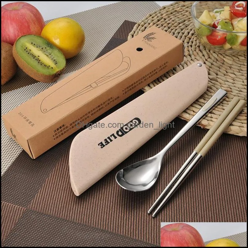 stainless steel cutlery set wheat straw box metal spoon chopsticks cutltery set protable antislip tableware set