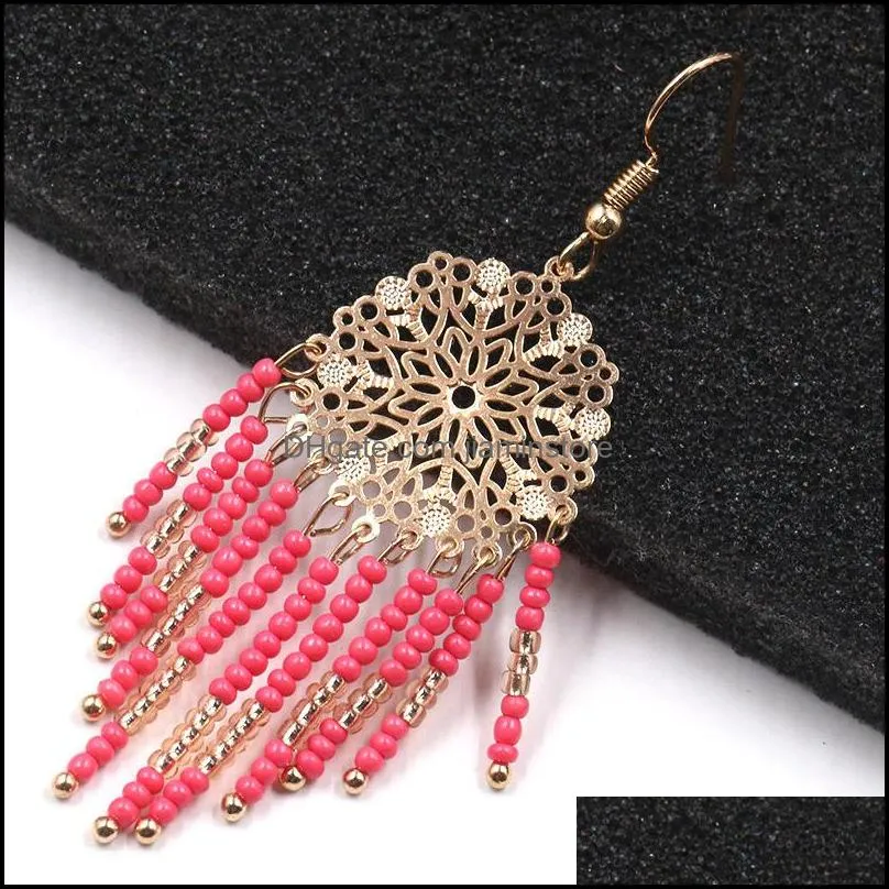 multiple ethnic boho vintage tassel dangle drop earrings women high quality pink handmade bead earrings creative flower jewelry