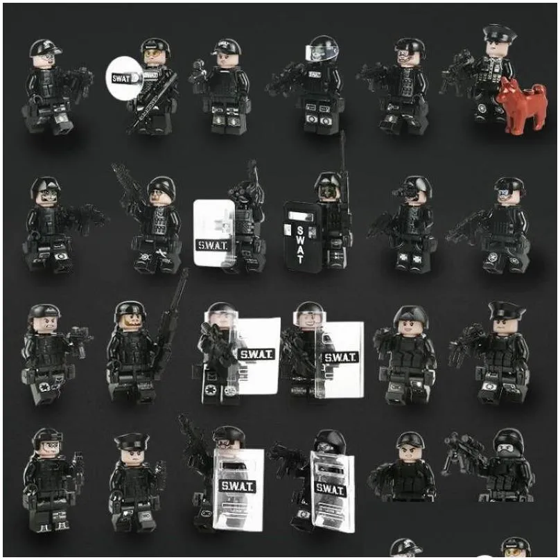 24pcs/set toys kit city black swat police building block man suit boy role game props shield police dogs small bricks