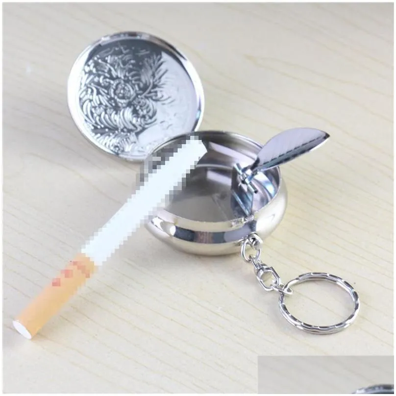 mini portable stylish simple portable metal round embossed small ashtray smoking accessories multipattern with keychain xg0218