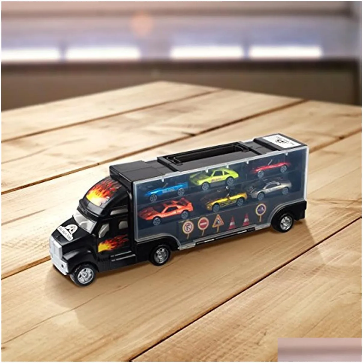 diecast model cars transport carrier truck toy with 6 stylish metal racing toys vehicle with carrying case