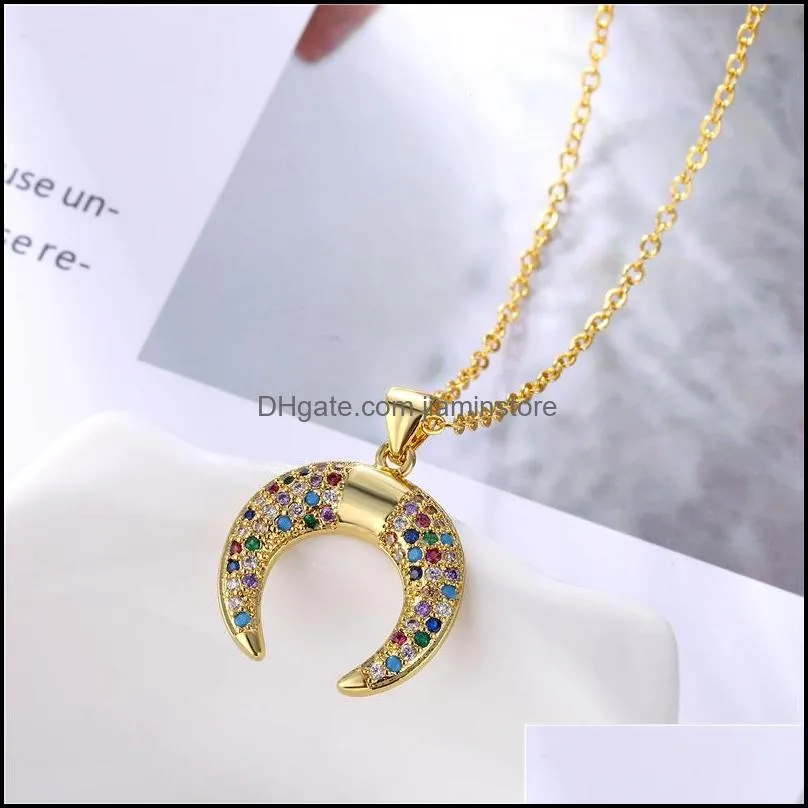 2019 new crescent moon rainbow cz pendant necklace for women gold long chain zircon necklace design jewelry gift