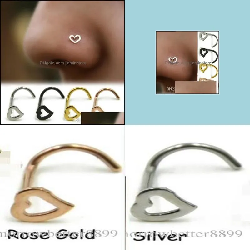 love heart stainless steel nose rings body piercing jewelry bent angle nose rings studs punk jewelry for men women