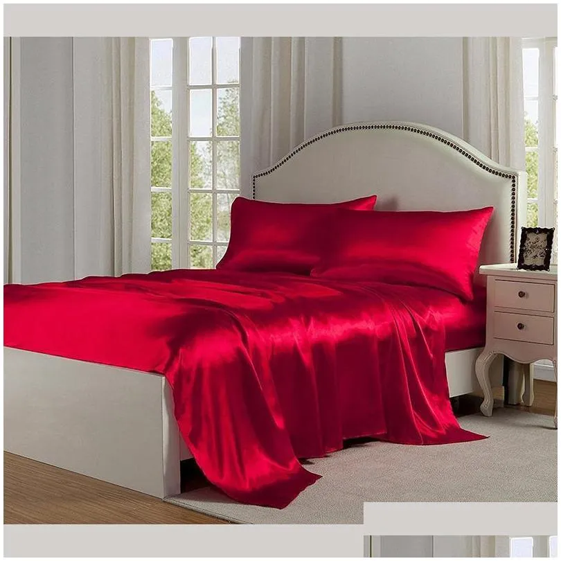 home ice silk bed sets sheet satin cloth pillowcase imitation silks fourpiece beds sheet simple multicolor three sizes xg0166