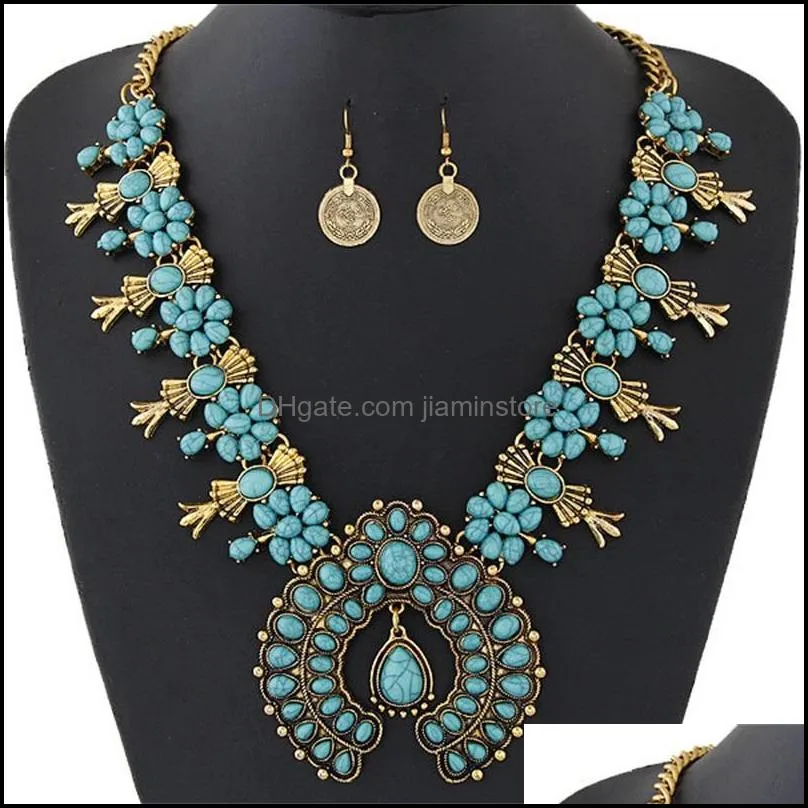 bohemian jewelry sets for women vintage african beads jewelry set turquoise coin statement necklace earrings set fashion jewelry 435