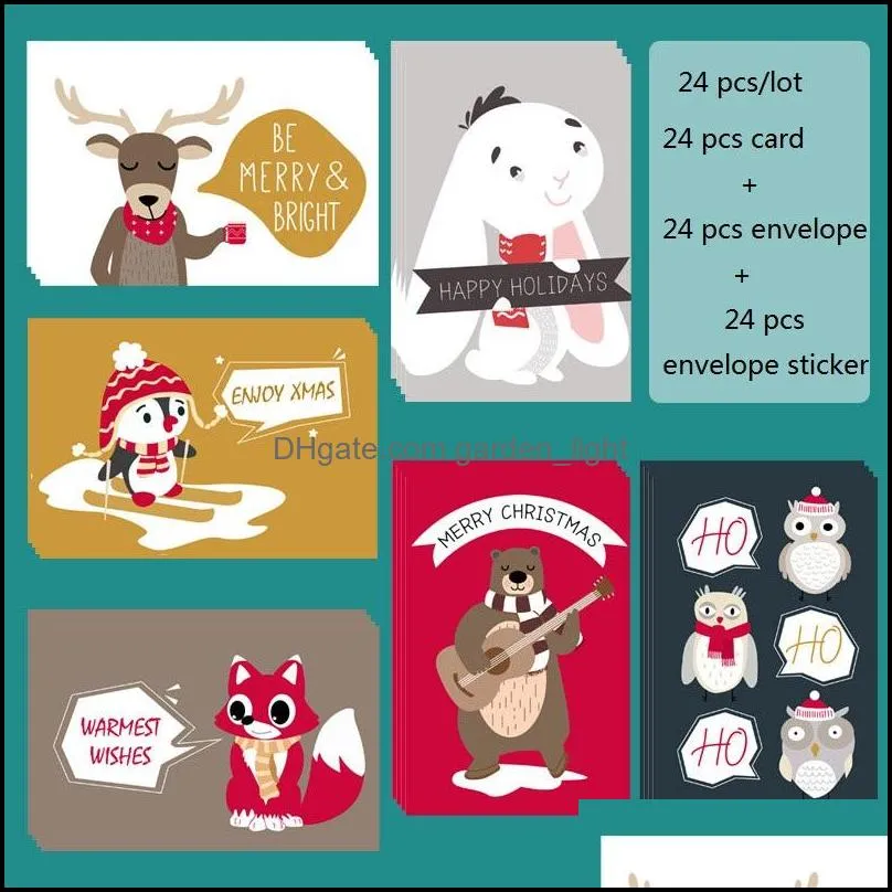 24 pcs/lot christmas cards set xmas santa bell elk sowman cartoon postcards diy year greeting cards xmas gift