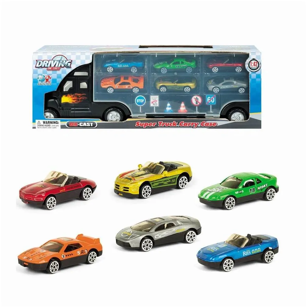 diecast model cars transport carrier truck toy with 6 stylish metal racing toys vehicle with carrying case