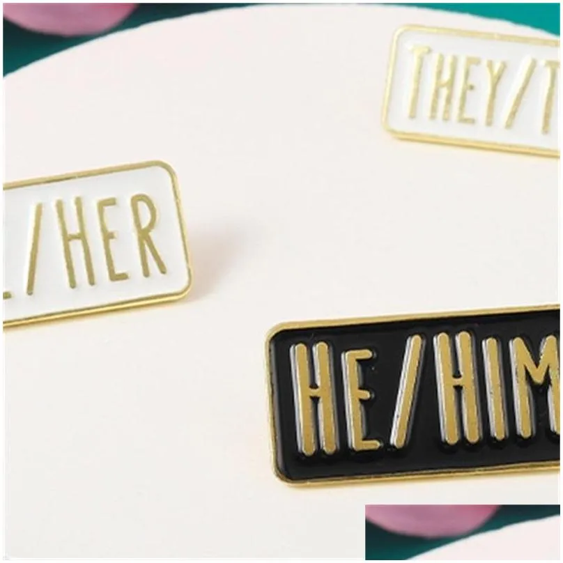 simple pronouns enamel pins custom brooches he him she her they them black white lapel badges fun jewelry gift for friends 6202 q2