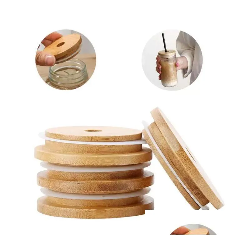 bamboo cap lids 70mm 88mm reusable wooden mason jar lid with straw hole and silicone seal dhs delivery fy5015