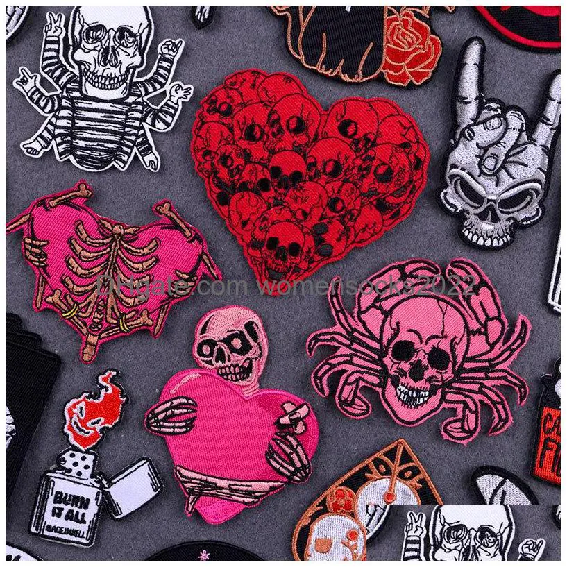 sewing notions red heart punk skull embroideredes for clothing melt glue sticker hip hop rock iron on on clothes skeleton