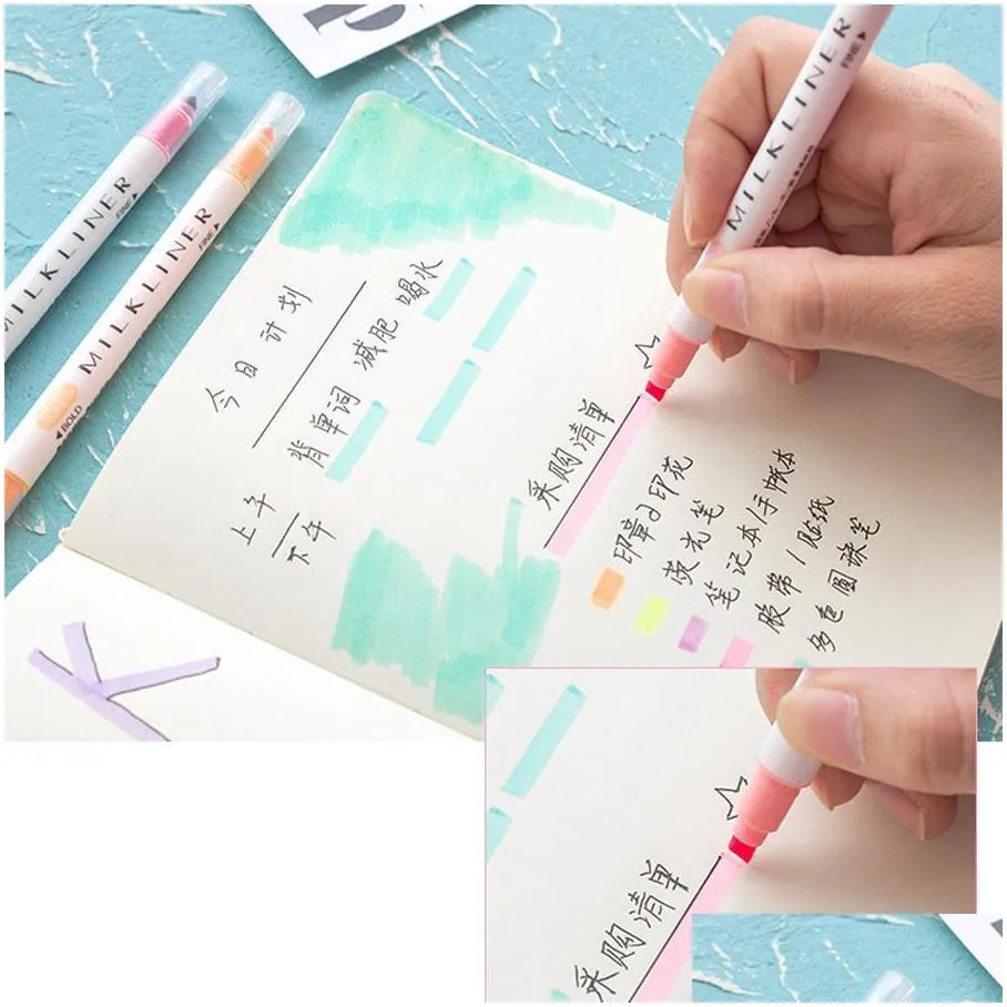 12 pcs/set double headed highlighters stationery mild highlighters pens colored drawing painting highlighter art marker pens wdh1197