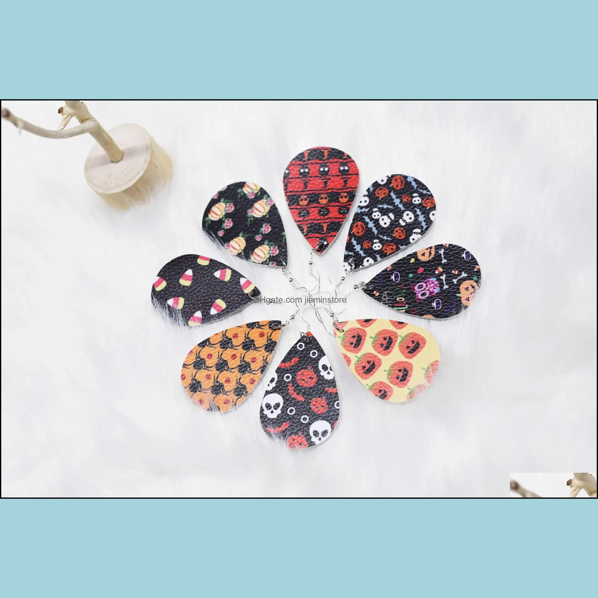 halloween pu leather earrings for women doublesided pattern drop dangle earrings skeleton spider fashion party jewelry