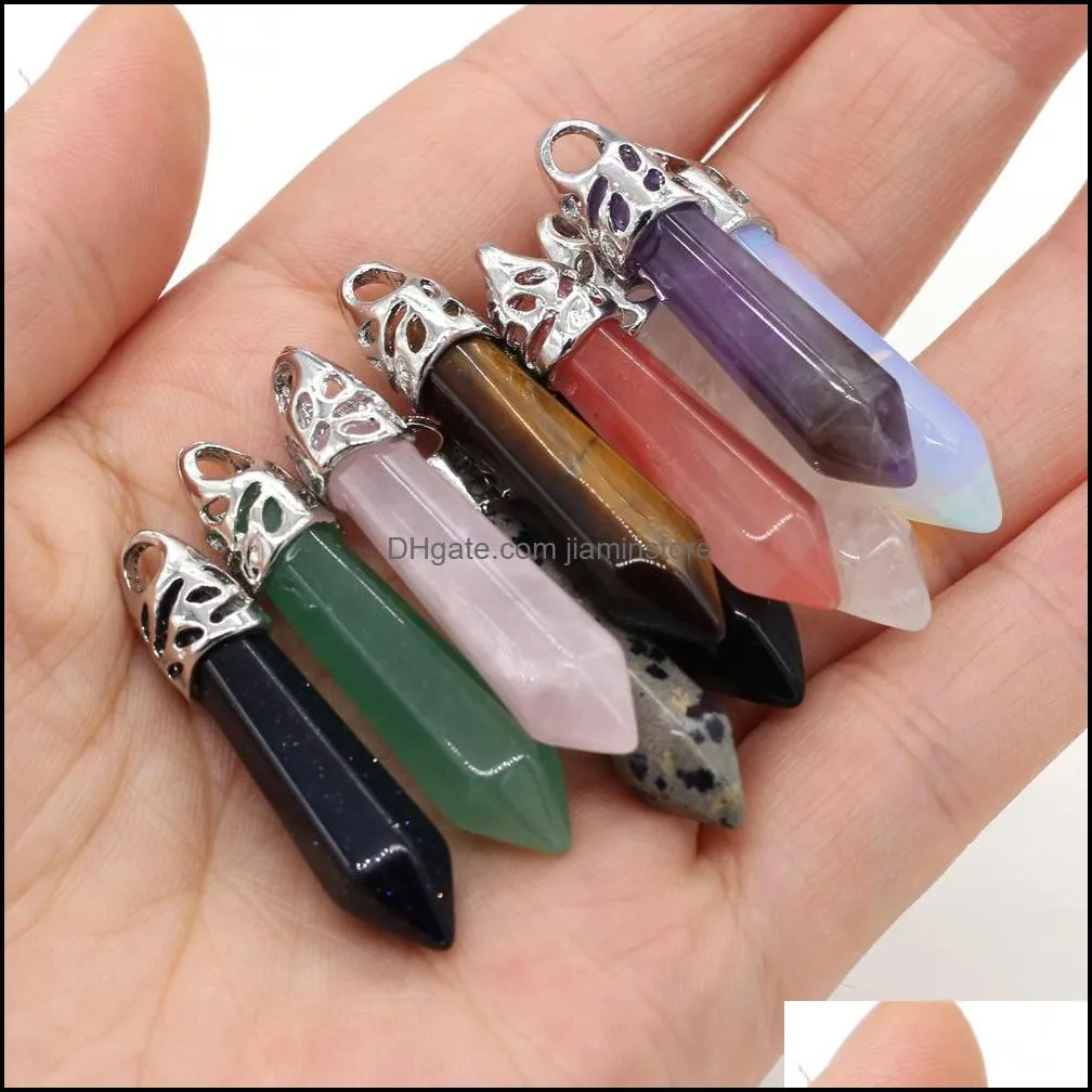 natural stone charms hexagon prism cone pendulum pendant rose quartz healing reiki crystal finding for diy necklaces women jiaminstore