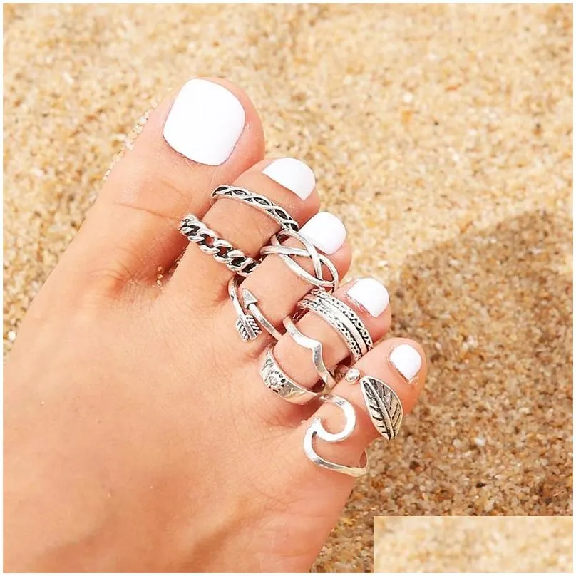 new beach hollow leaf geometric joint 9 pieces open foot ring set toe rings 218 w2