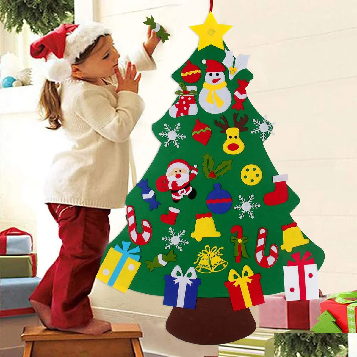 handmade diy felt christmas tree with ornaments children kid santa claus xmas year door wall hanging decoration manual accessories