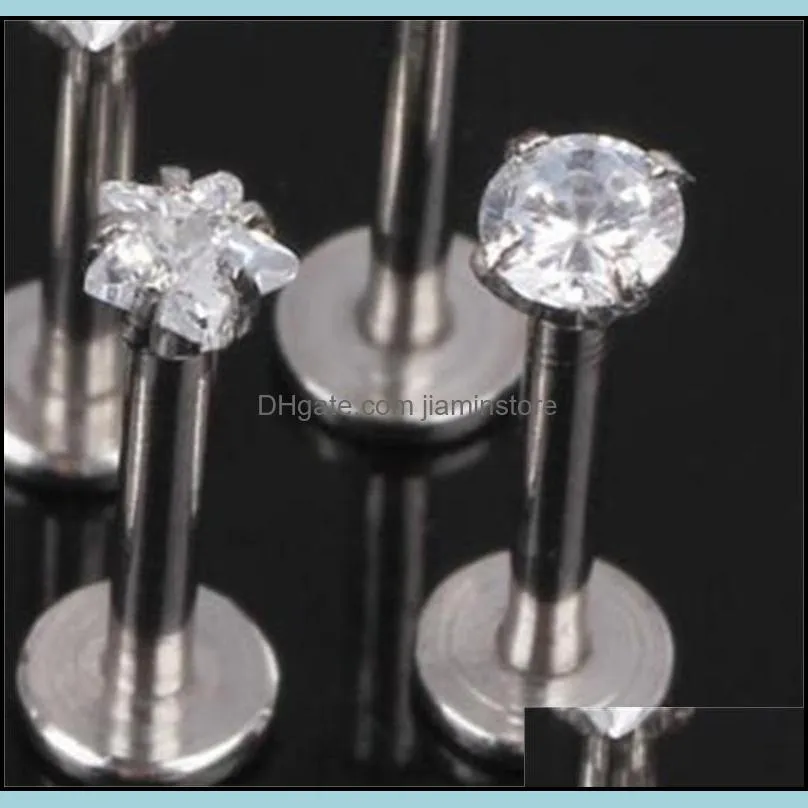 1.2x8x3mm silver internally threaded prong gem labret lip piercing zircon labret ring tragus earring 1871 t2