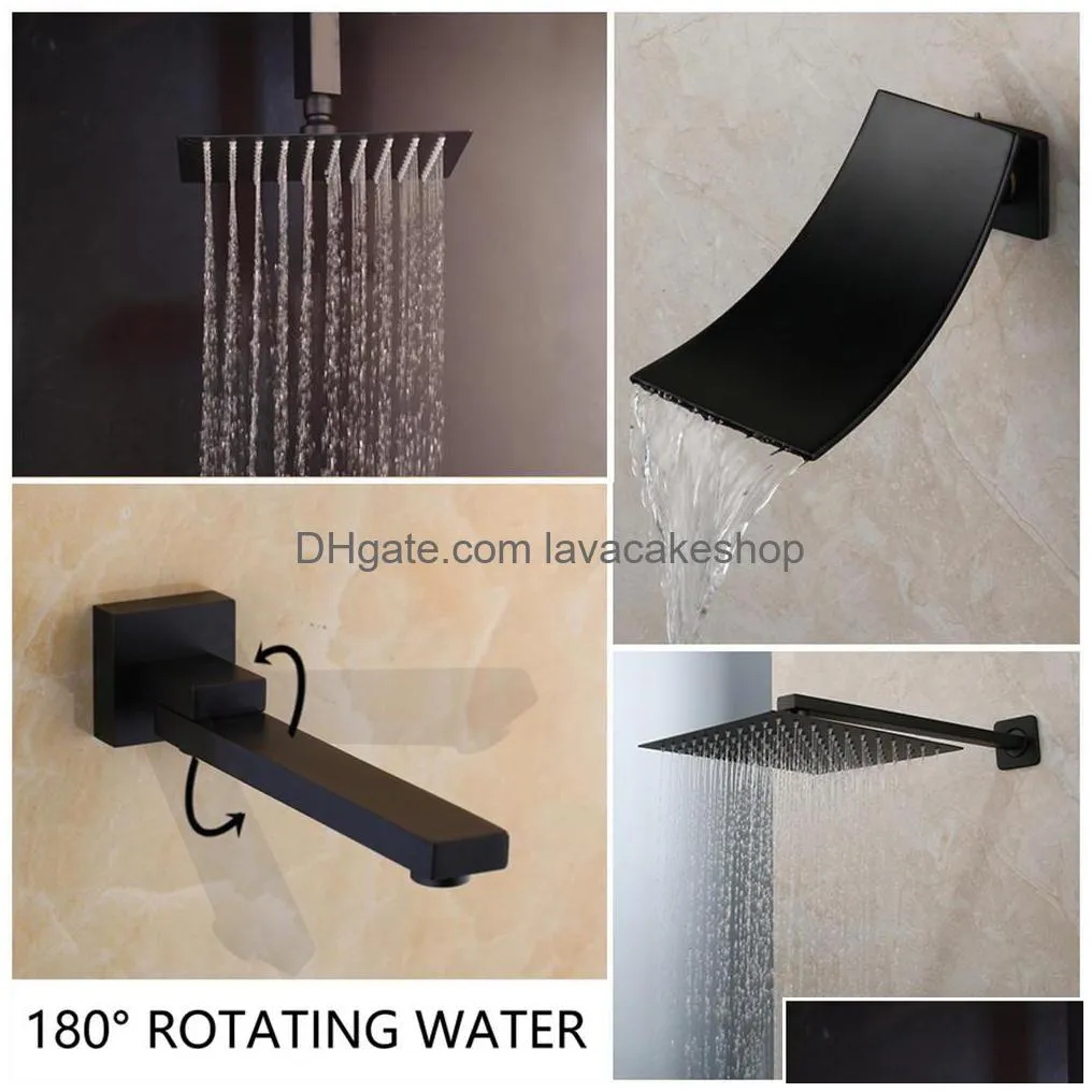 jieni 8/16 inch matte black rainfall shower faucet tub led bathtub rain square shower head waterfall spray shower faucet set 1011