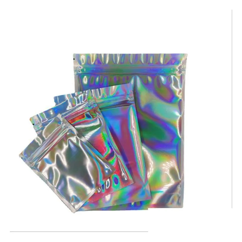 resealable smell proof bags foil pouch flat laser color packaging bag for party favor food storage holographic colors