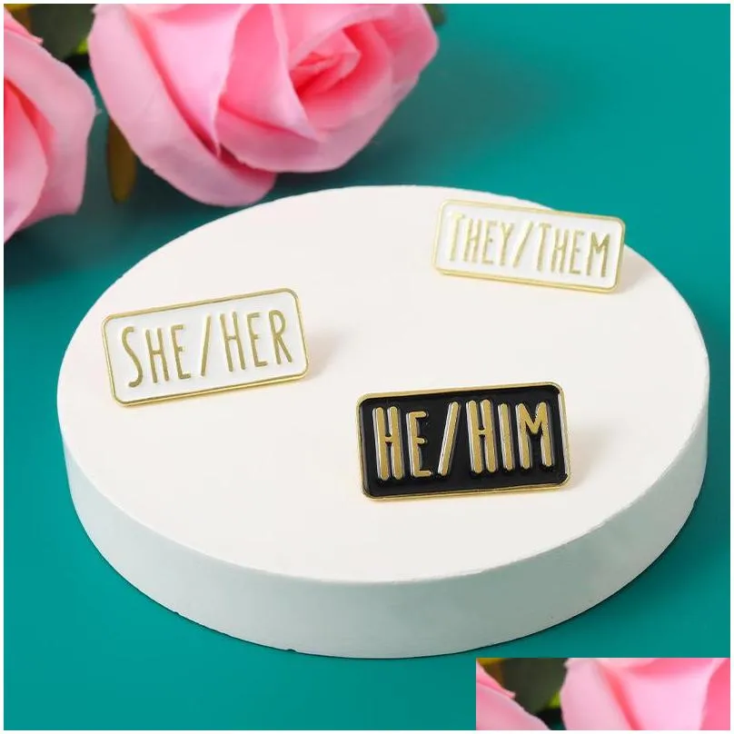 simple pronouns enamel pins custom brooches he him she her they them black white lapel badges fun jewelry gift for friends 6202 q2