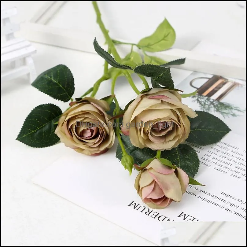 3 heads artificial rose flowers retro style single stem realistic fake roses diy flowers for home office party decoration