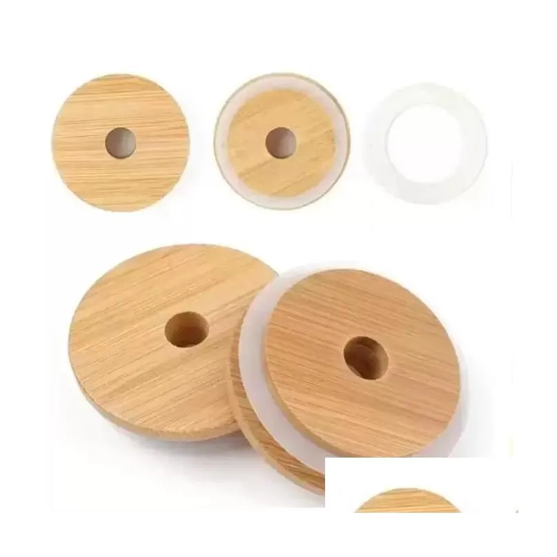 bamboo cap lids 70mm 88mm reusable wooden mason jar lid with straw hole and silicone seal dhs delivery fy5015